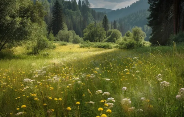 Field, forest, summer, grass, landscape, flowers, nature, spikelets