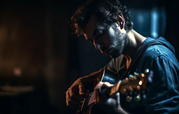Music, the game, guitar, guitarist, male, AI art, neural network, the art of artificial intelligence