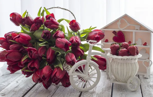 Love, bouquet, strawberry, hearts, tulips, red, red, love