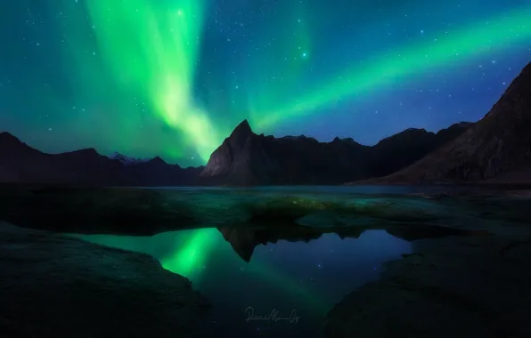 Picture the sky, stars, mountains, night, Northern lights, Norway, the fjord