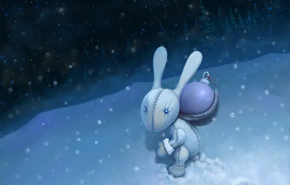 Snow, night, new year, Bunny