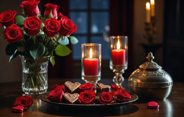 Love, flowers, the dark background, table, room, holiday, heart, roses