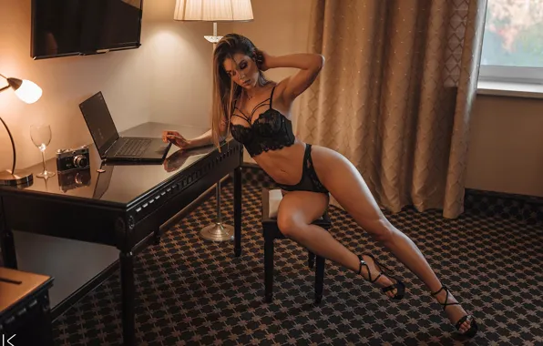 Sexy, pose, table, room, model, body, panties, glass