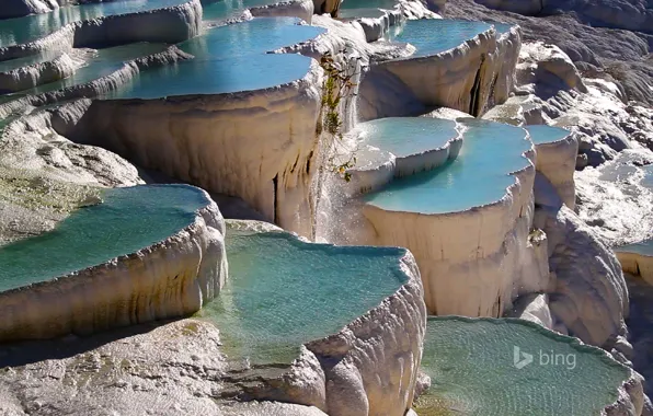 Picture Turkey, Pamukkale, geothermal, travertine, ponds-terraces
