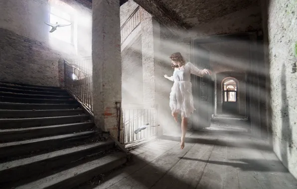 Girl, rays, light, dress, abandoned house