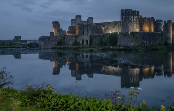 Reflection, castle, ruins, pond
