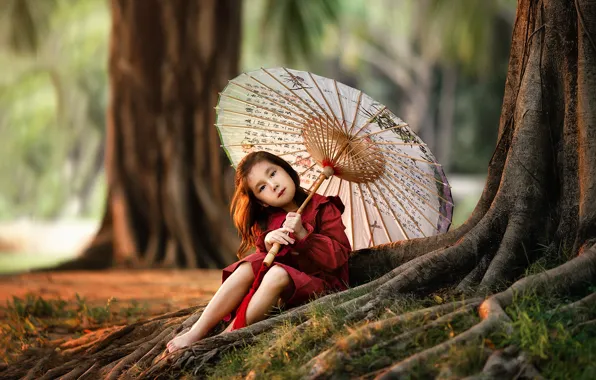 Trees, nature, umbrella, girl, child, Anastasia Barmina, Anastasia Barmina