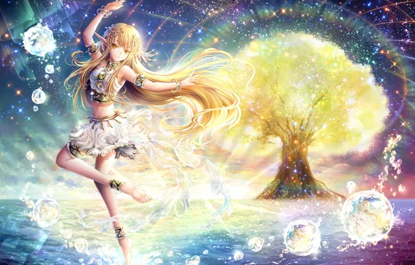 Picture water, tree, elf, ears, anime, art, girl, riyun