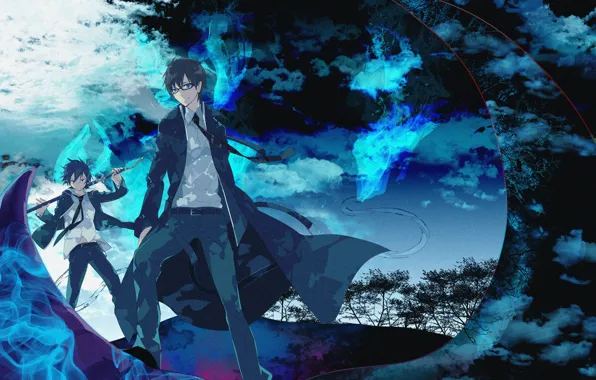 Picture art, brothers, Blue exorcist, Rin, Rin, blue flame, ao no exorcist, Yukio