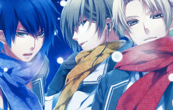Picture snow, headphones, scarf, three guys, akito syukuri, kakeru yui with, azuma natsuhiko, NORN9