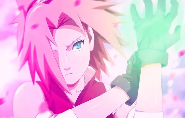 Picture girl, magic, anime, petals, Sakura, art, naruto, glove