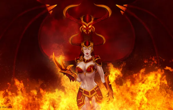 Picture girl, fire, dragon, art, claws, horns, helmet, league of legends