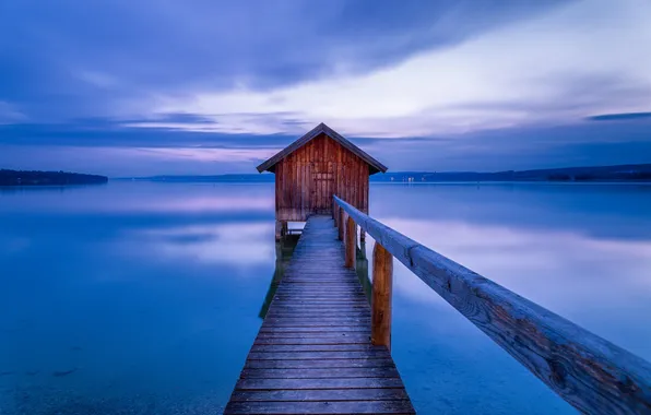 The sky, mountains, lake, the evening, pier, house