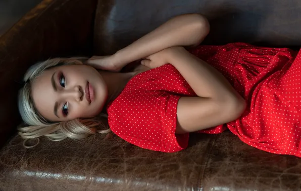 Look, girl, sofa, dress, blonde, John Simon