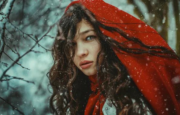 Winter, look, girl, snow, red, cloak, snowfall, Marketa Novak