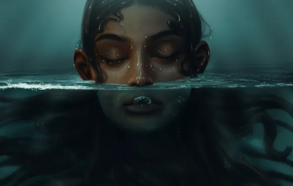 Water, girl, face, bubbles, hair