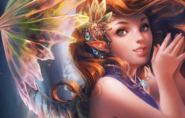 Picture girl, background, elf, fairy, art, Sakimichan, fantasy