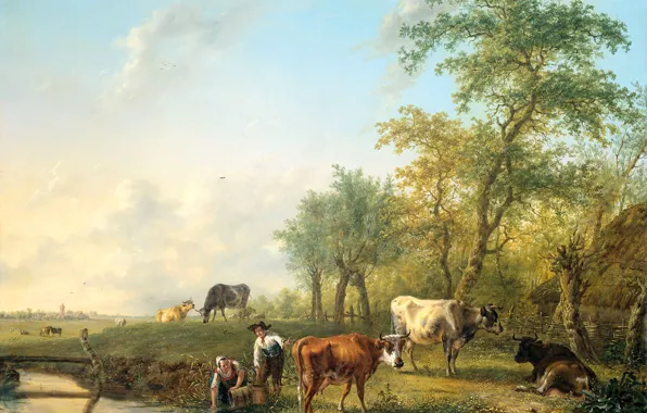 Trees, animal, oil, picture, Landscape with Cattle, Yang Cobell
