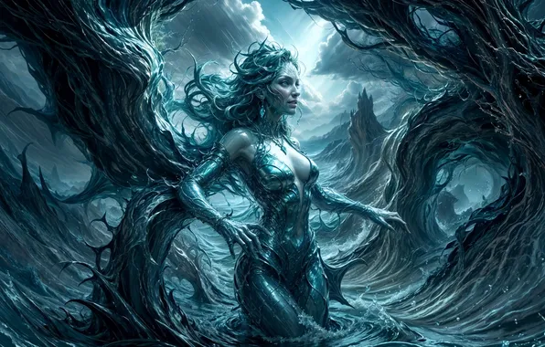 Wave, water, girl, clouds, roots, rock, harnesses, AI art