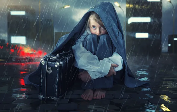 Rain, street, girl, suitcase, Left behind