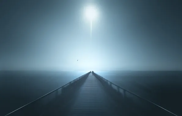 Picture sea, Seagull, The moon, horizon, pierce, moon, sea, pier