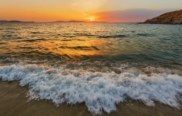 Sand, sea, wave, beach, the sky, the sun, light, sunset