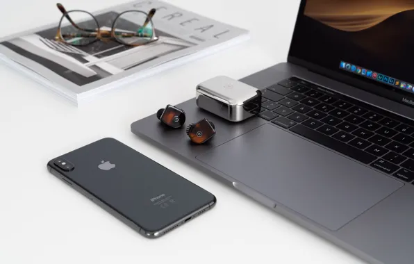 IPhone, Mac, headphones, glasses, phone, journal, headphones, iPhone