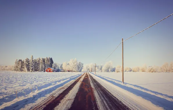 Road, snow, trees, house, house, road, trees, snow