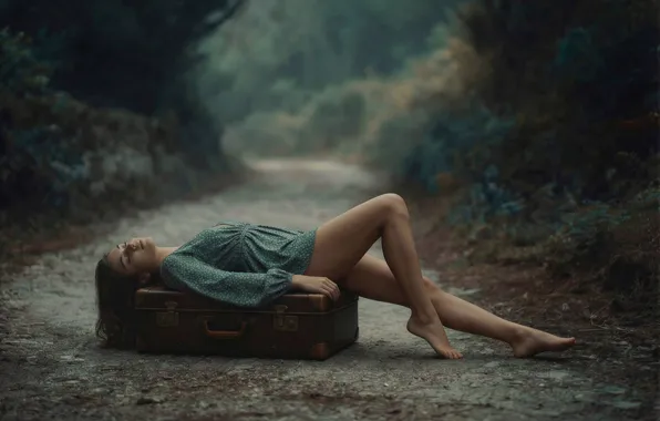 Picture road, girl, pose, sleep, the situation, suitcase, legs, closed eyes
