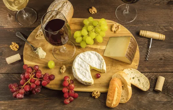 Picture table, wine, cheese, glasses, bread, grapes, tube, Board