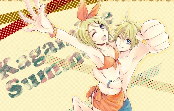 Summer, girl, guy, two, Vocaloid, Vocaloid, fist, Kagamine Len