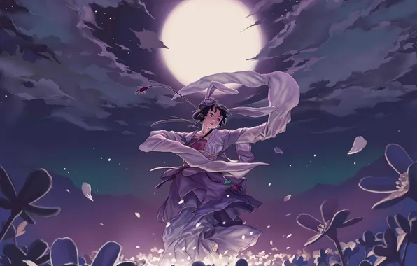 Girl, flowers, night, dance, anime