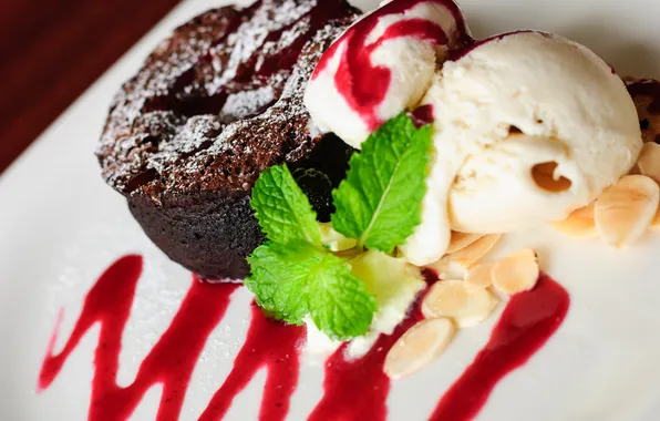 Ice cream, cake, nuts, mint, dessert, sauce