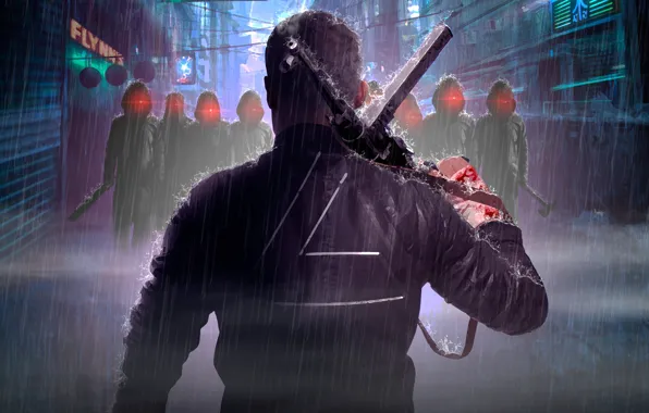 Rain, street, the opposition, machine, axe, defender