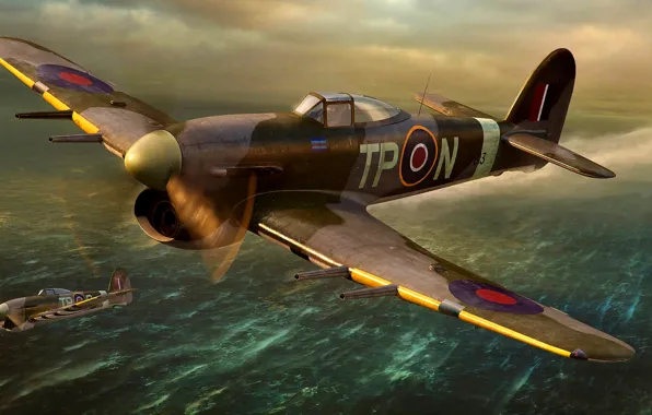 Picture British, fighter-bomber, artwork, piston, Typhoon, Royal Air Force, Hawker, WWII