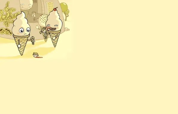 Picture children, blood, figure, humor, ice cream, without a head, horn, yellow background