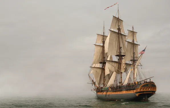 Sea, fog, sailboat, frigate