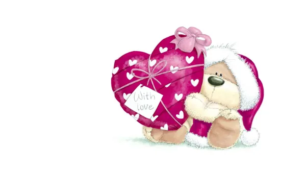 Winter, snow, gift, heart, art, bear, New year, children's