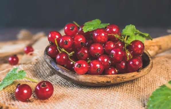 Berries, the dark background, food, bowl, red, currants, wooden
