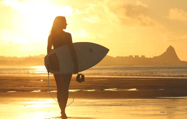 Woman, sunset, surf