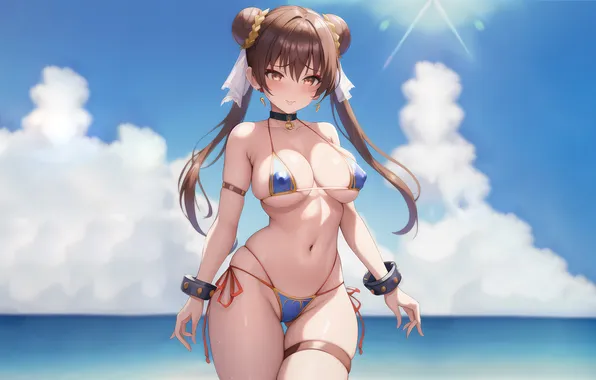 Girl, sexy, cleavage, beach, erect nipples, sky, long hair, sea