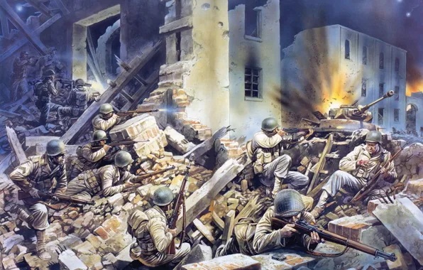 Picture art, soldiers, shelf, the battle, fighting, plant, WW2., battalion