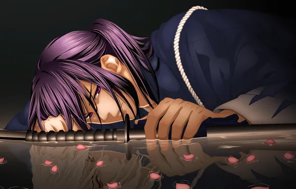 Picture reflection, katana, anime, petals, Sakura, guy