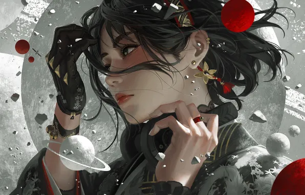 Girl, fantasy, Saturn, headphones, planet, digital art, artwork, concept art