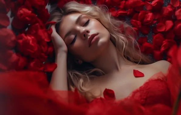 Girl, flowers, roses, blonde, lies, red dress, closed eyes, AI art