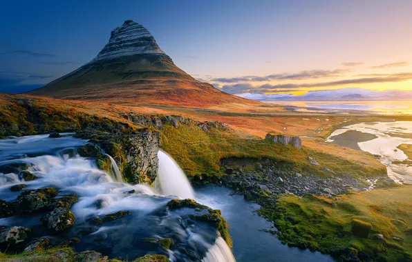 The sky, landscape, mountains, waterfall, Iceland