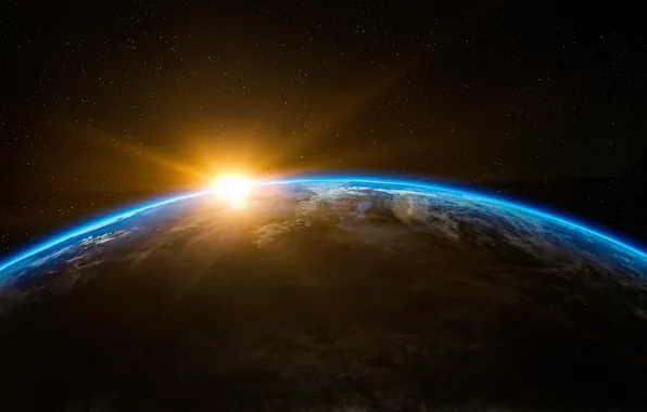 The sun, space, stars, sunrise, rendering, dawn, planet, Earth