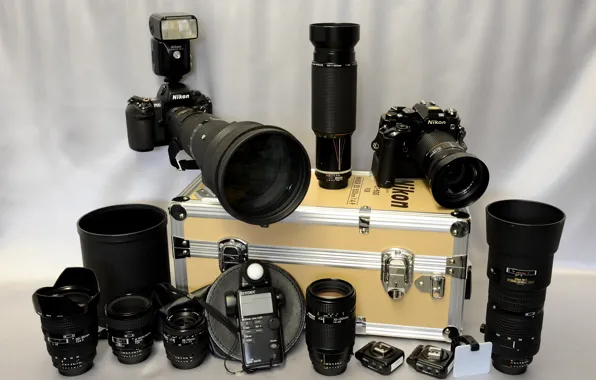 Background, flash, cameras, lenses, hard case for hardware, "Nikon", the meter