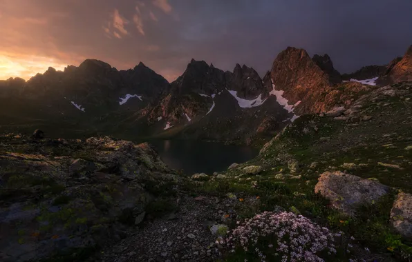 Picture the sky, mountains, clouds, nature, stones, rocks, dawn, Western Georgia