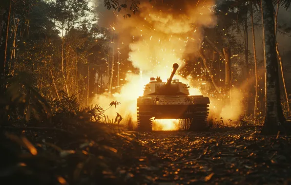 Trees, Smoke, Fire, Forest, Tank, Digital art, AI art, The Art of Artificial Intelligence